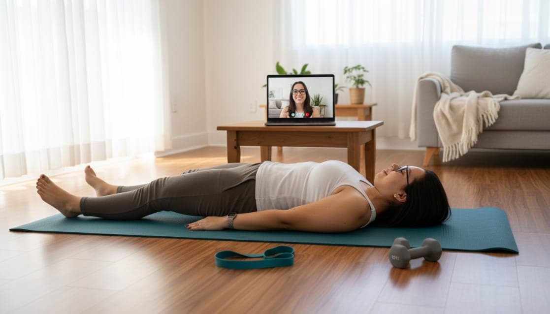 Mulher fazendo pilates em casa com acompanhamento online